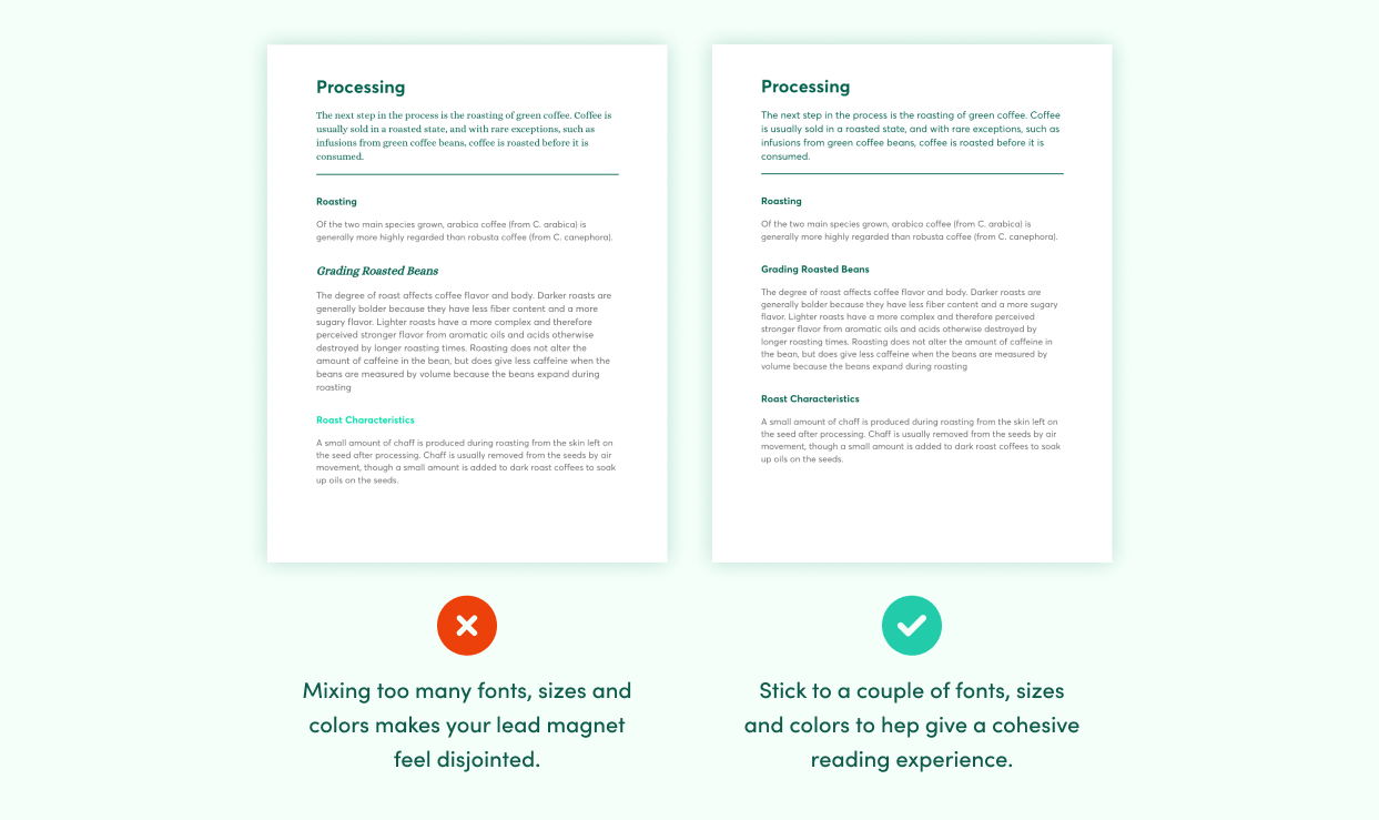 Comparison of two pages - one uses lots of different fonts, colors and sizes. The other uses just one font and color.