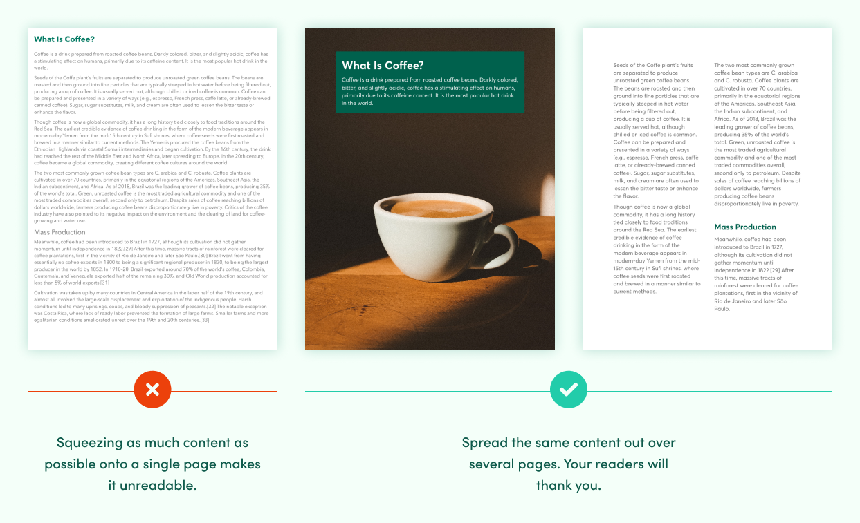 Comparison of one page using small fonts and margins versus two pages with the same content