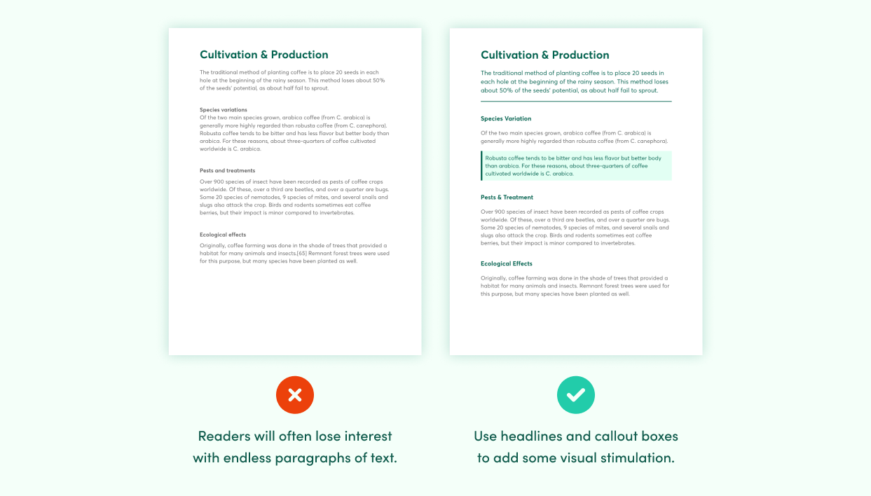 Comparison of two pages showing the efficacy of using headlines and callout boxes to break up lots of content