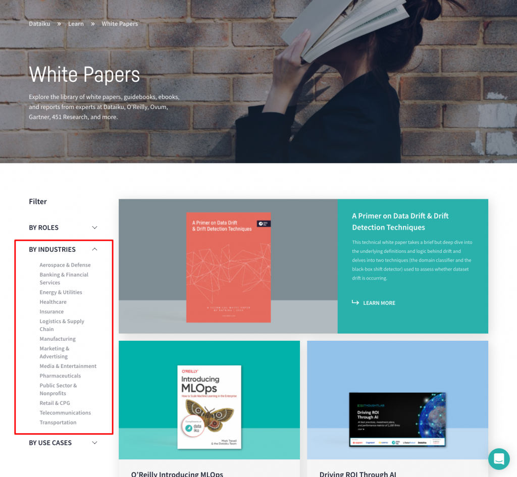 Screenshot of Dataiku Resource Library organised by industry